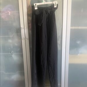 High-Waist Black Pinstripe Paperbag Wide-Leg Pants with Tie